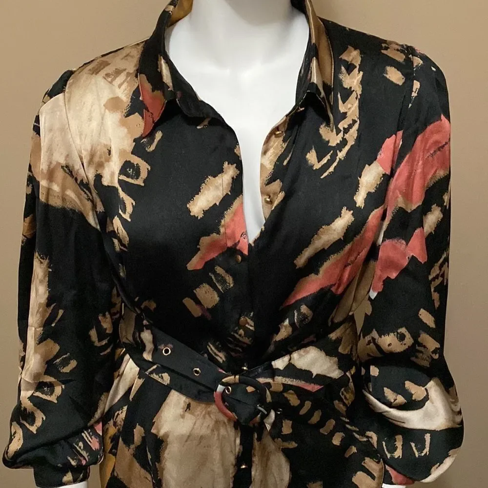 NWT Fashion Nova Avita Satin Shirt Dress - Black/combo - Size 3X